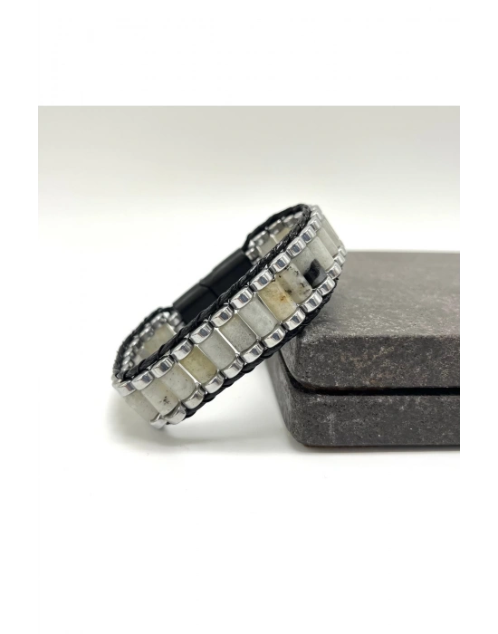 Sertifikalı Ay Taşı ve Hematit Silindir Kesim Kilitli Doğal Taş Deri Erkek Bileklik