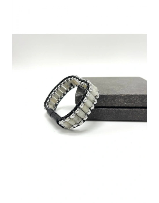 Sertifikalı Ay Taşı ve Hematit Silindir Kesim Kilitli Doğal Taş Deri Erkek Bileklik