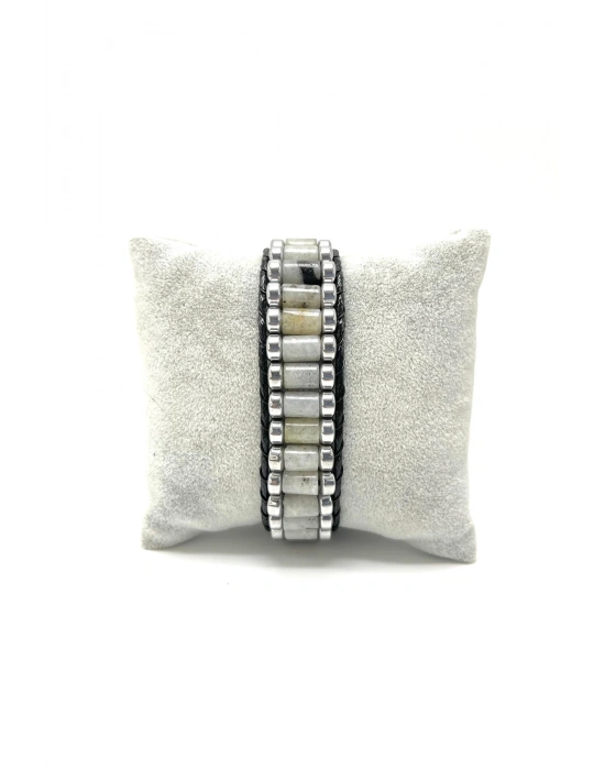 Sertifikalı Ay Taşı ve Hematit Silindir Kesim Kilitli Doğal Taş Deri Erkek Bileklik