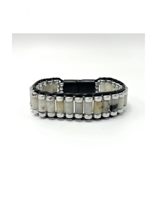 Sertifikalı Ay Taşı ve Hematit Silindir Kesim Kilitli Doğal Taş Deri Erkek Bileklik