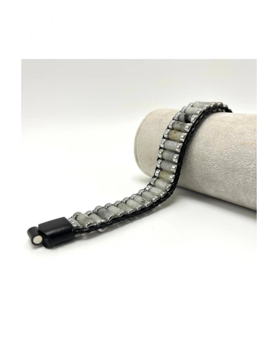 Sertifikalı Ay Taşı ve Hematit Silindir Kesim Kilitli Doğal Taş Deri Erkek Bileklik