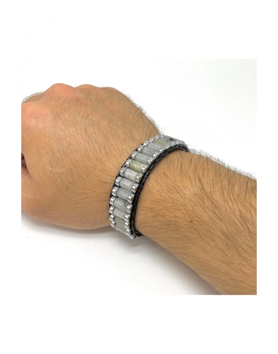 Sertifikalı Ay Taşı ve Hematit Silindir Kesim Kilitli Doğal Taş Deri Erkek Bileklik