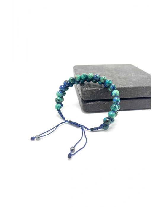 SERTİFİKALI Azurit Malakit Çift Sıra Doğal Taş Makrome Bileklik Ayarlanabilir Ölçü