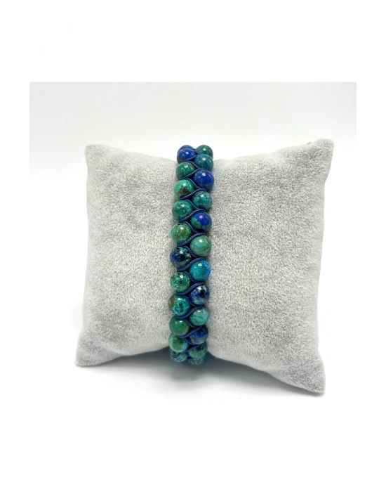 SERTİFİKALI Azurit Malakit Çift Sıra Doğal Taş Makrome Bileklik Ayarlanabilir Ölçü