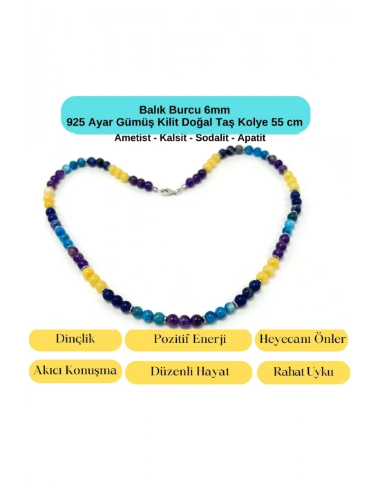 SERTİFİKALI Balık Burcu 6mm 925 Ayar Gümüş Doğal Taş Kolye 55 cm