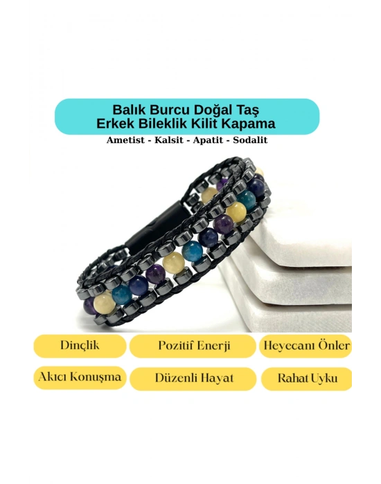 SERTİFİKALI Balık Burcu Disk Model Doğal Taş Erkek Bileklik Mıknatıslı Kilit