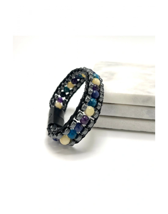 SERTİFİKALI Balık Burcu Disk Model Doğal Taş Erkek Bileklik Mıknatıslı Kilit