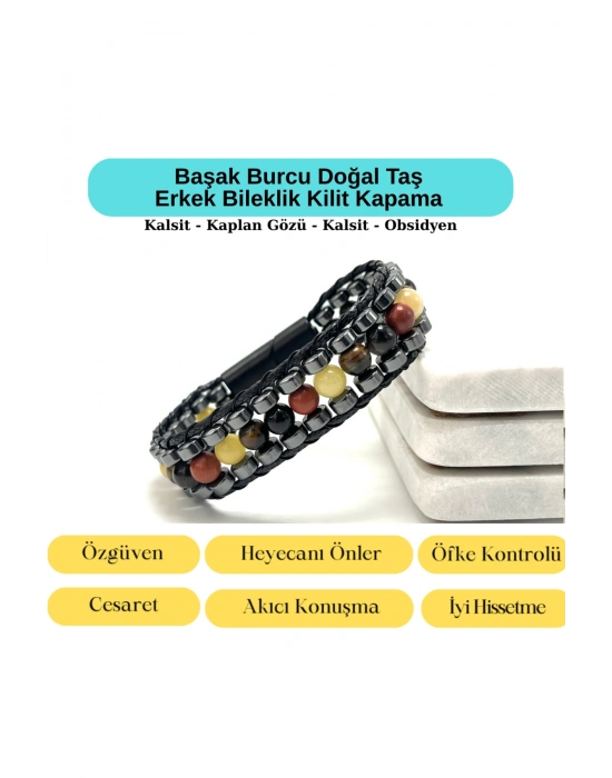 SERTİFİKALI Başak Burcu Disk Model Doğal Taş Erkek Bileklik Mıknatıslı Kilit