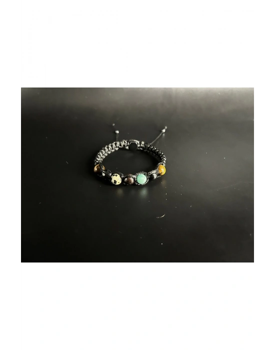 Sertifikalı Başak Burcu Doğal Taş Deri Bileklik D. Kuvars Jasper Lal Amazonit Obsidyen Kaplan Gözü