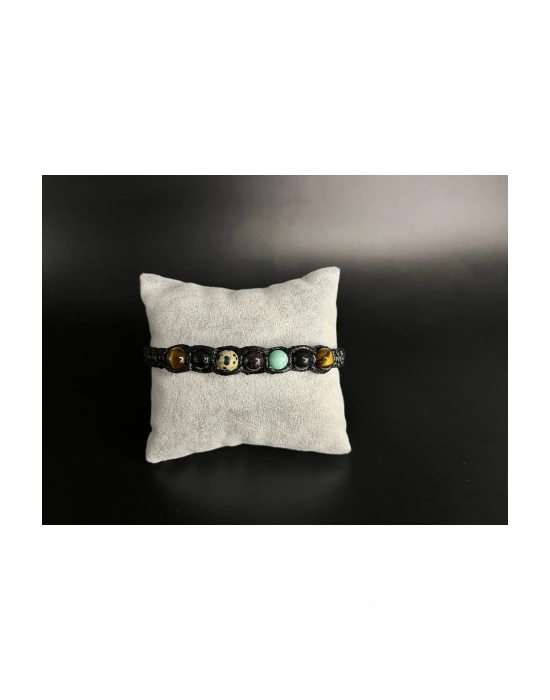 Sertifikalı Başak Burcu Doğal Taş Deri Bileklik D. Kuvars Jasper Lal Amazonit Obsidyen Kaplan Gözü