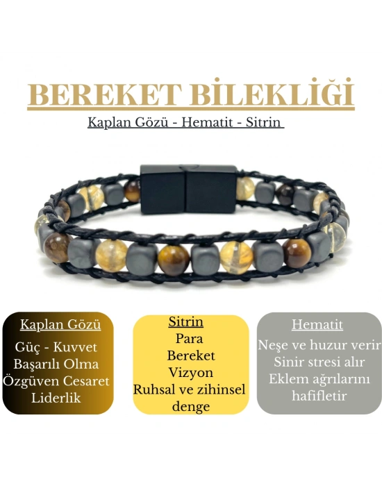 Sertifikalı Bereket Doğal Taş 6mm Bileklik Sitrin Kaplan Gözü Hematit
