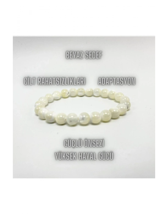Sertifikalı Beyaz Sedef 8mm Elastik Misinalı Doğal Taş Bileklik