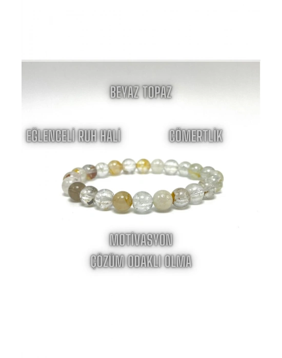 Sertifikalı Beyaz Topaz 8mm Elastik Misinalı Doğal Taş Bileklik