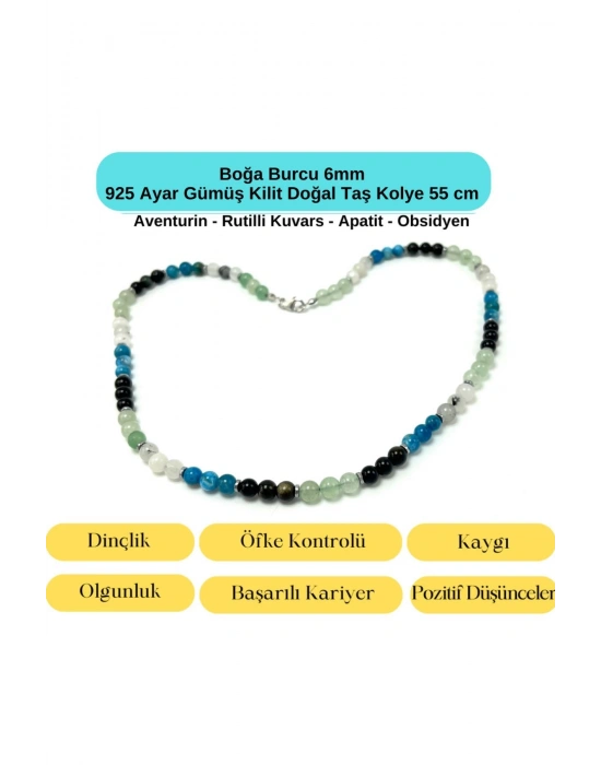 SERTİFİKALI Boğa Burcu 6mm 925 Ayar Gümüş Doğal Taş Kolye 55 cm