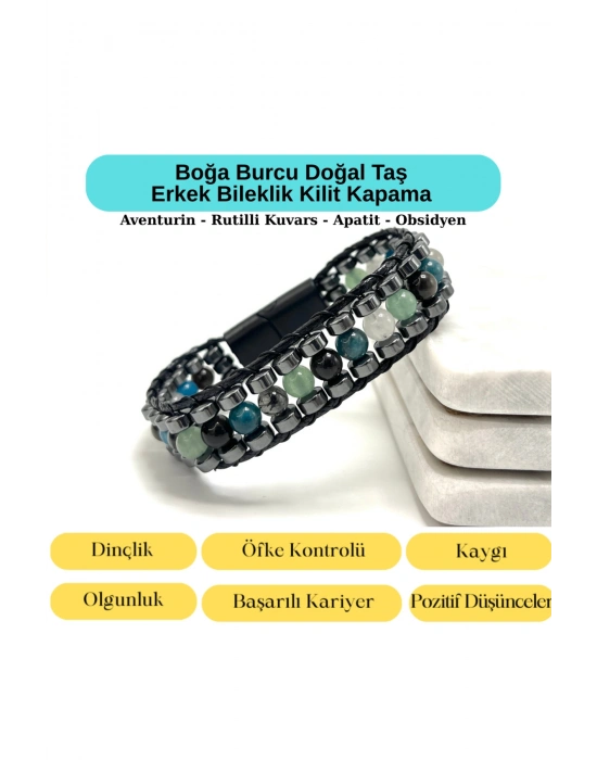 SERTİFİKALI Boğa Burcu Disk Model Doğal Taş Erkek Bileklik Mıknatıslı Kilit