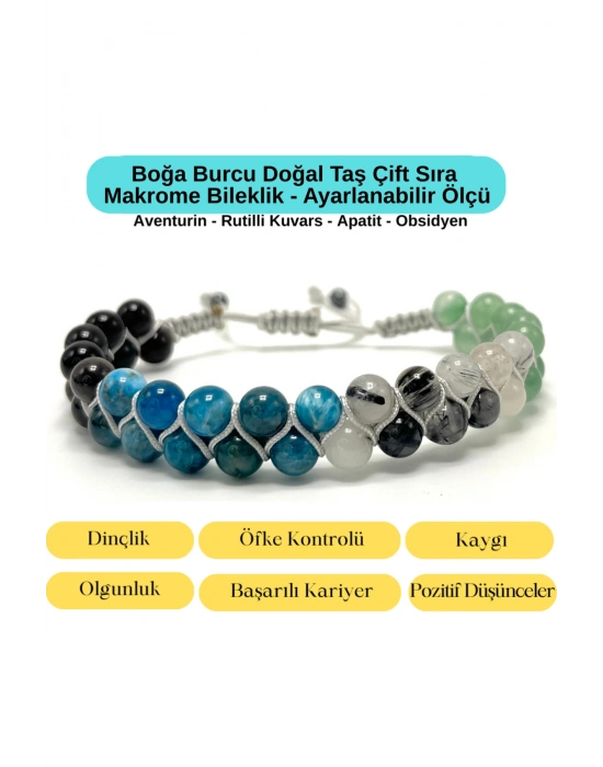 SERTİFİKALI Boğa Burcu Doğal Taş Çift Sıra Makrome Bileklik