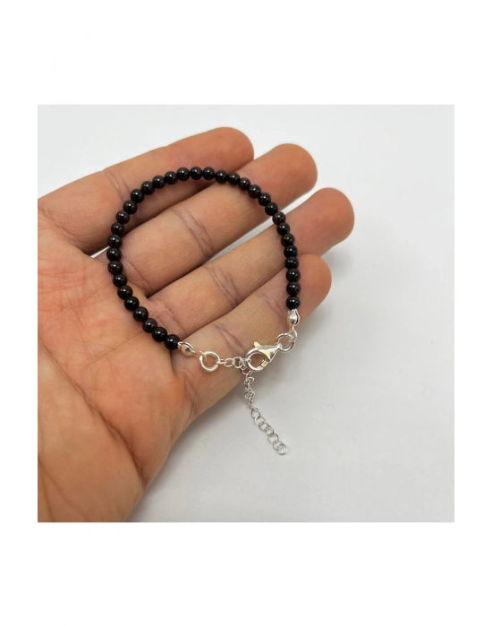 SERTİFİKALI Bordo Granat Lal 4mm 925 Ayar Gümüş Doğal Taş Bileklik Uzatma Zincirli