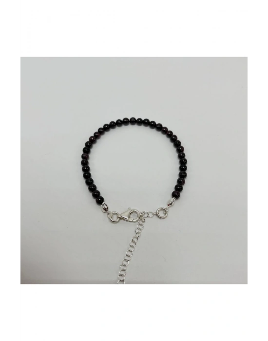 SERTİFİKALI Bordo Granat Lal 4mm 925 Ayar Gümüş Doğal Taş Bileklik Uzatma Zincirli