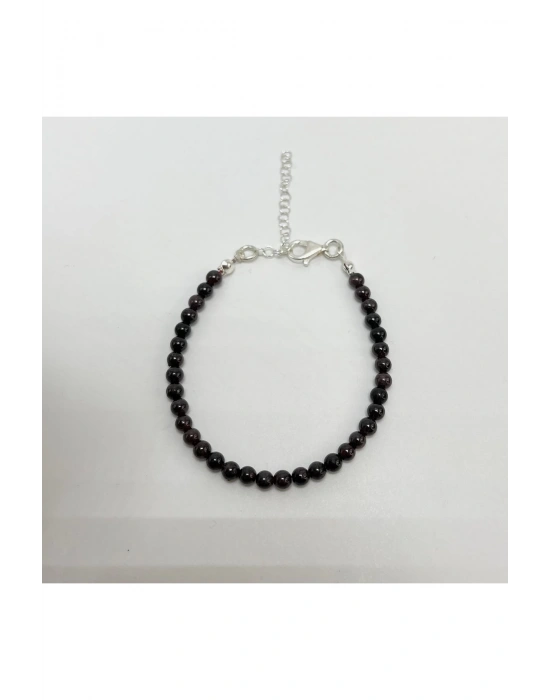 SERTİFİKALI Bordo Granat Lal 4mm 925 Ayar Gümüş Doğal Taş Bileklik Uzatma Zincirli