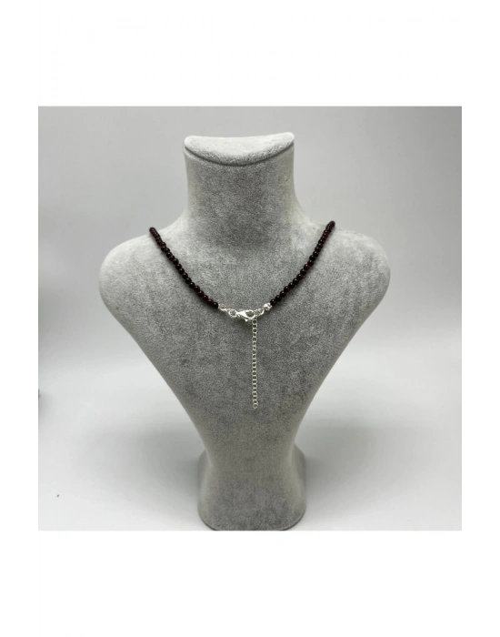 SERTİFİKALI Bordo Granat Lal 4mm 925 Ayar Gümüş Doğal Taş Kolye Uzatma Zincirli