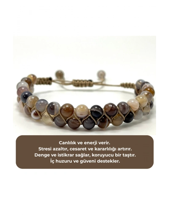 SERTİFİKALI Bostwana Akik Çift Sıra Doğal Taş Makrome Bileklik Ayarlanabilir Ölçü