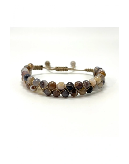 SERTİFİKALI Bostwana Akik Çift Sıra Doğal Taş Makrome Bileklik Ayarlanabilir Ölçü