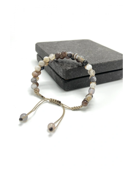 SERTİFİKALI Bostwana Akik Çift Sıra Doğal Taş Makrome Bileklik Ayarlanabilir Ölçü