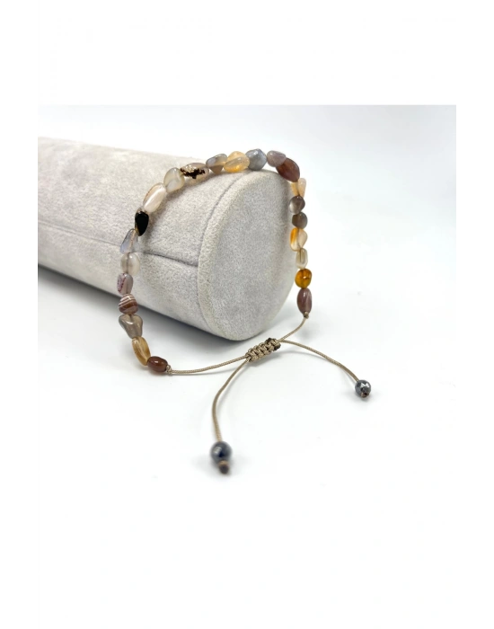 Sertifikalı Bostwana Akik Natural Kesim Makrome Doğal Taş Bileklik Ayarlanabilir Ölçü