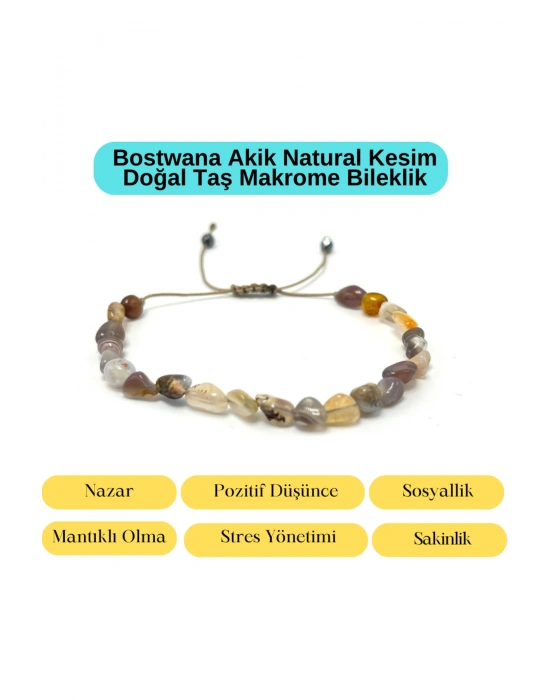 Sertifikalı Bostwana Akik Natural Kesim Makrome Doğal Taş Bileklik Ayarlanabilir Ölçü