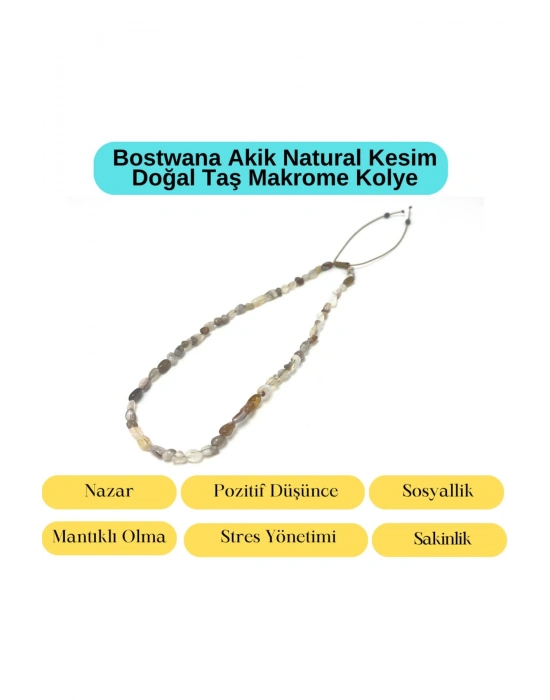 Sertifikalı Bostwana Akik Natural Kesim Makrome Doğal Taş Kolye Ayarlanabilir Ölçü