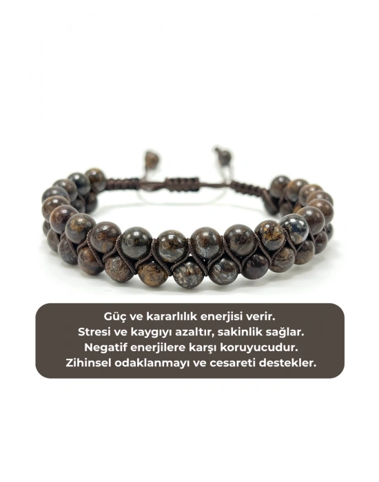 SERTİFİKALI Bronzit 6mm Çift Sıra Doğal Taş Makrome Bileklik Ayarlanabilir Ölçü