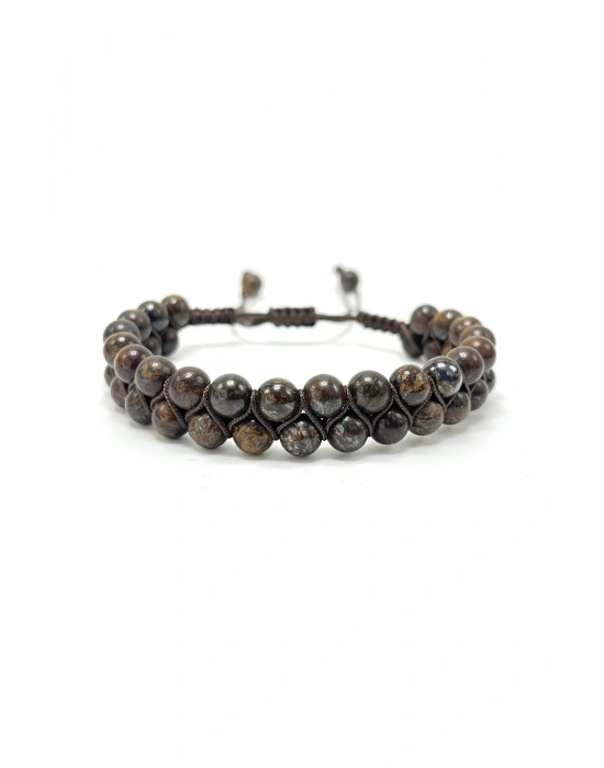 SERTİFİKALI Bronzit 6mm Çift Sıra Doğal Taş Makrome Bileklik Ayarlanabilir Ölçü