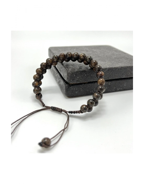 SERTİFİKALI Bronzit 6mm Çift Sıra Doğal Taş Makrome Bileklik Ayarlanabilir Ölçü