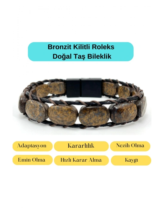 Sertifikalı Bronzit Kilit Kapama Roleks Doğal Taş Deri Bileklik