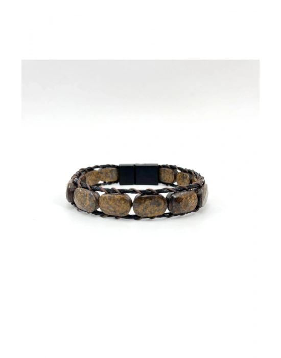 Sertifikalı Bronzit Kilit Kapama Roleks Doğal Taş Deri Bileklik