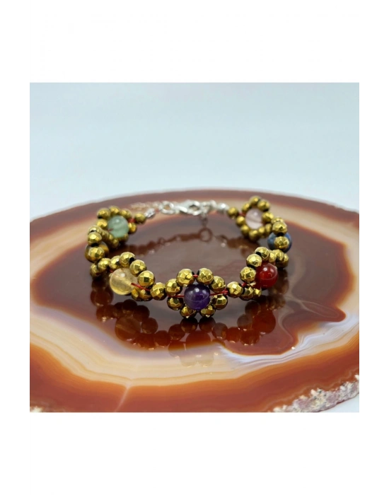 SERTİFİKALI Çakra 925 Ayar Gümüş Kapama Çiçek Model Doğal Taş Bileklik P.kuvars Lapis Akik Kaplan Gözü Aventurin