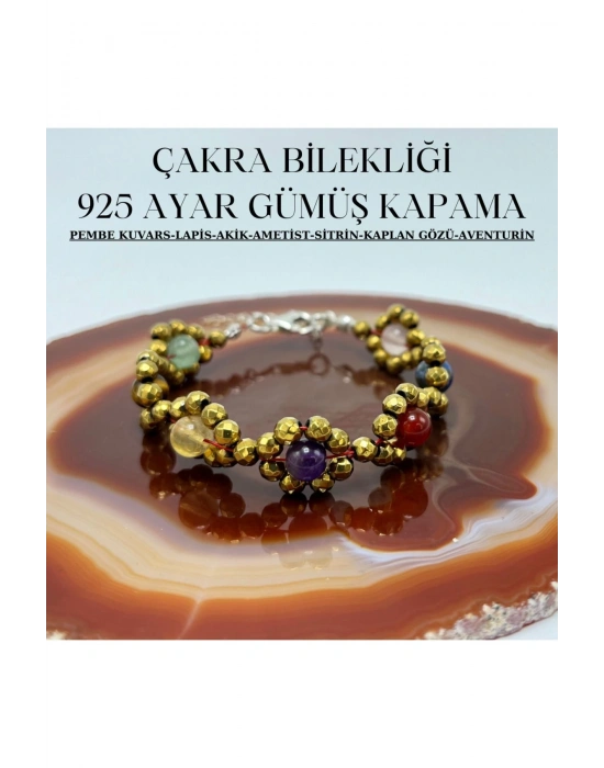 SERTİFİKALI Çakra 925 Ayar Gümüş Kapama Çiçek Model Doğal Taş Bileklik P.kuvars Lapis Akik Kaplan Gözü Aventurin