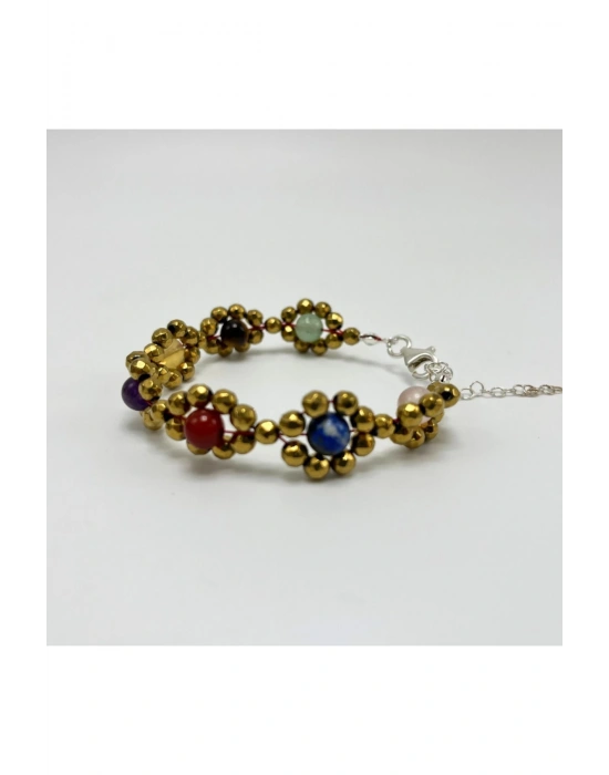 SERTİFİKALI Çakra 925 Ayar Gümüş Kapama Çiçek Model Doğal Taş Bileklik P.kuvars Lapis Akik Kaplan Gözü Aventurin