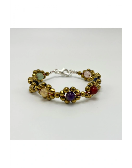 SERTİFİKALI Çakra 925 Ayar Gümüş Kapama Çiçek Model Doğal Taş Bileklik P.kuvars Lapis Akik Kaplan Gözü Aventurin