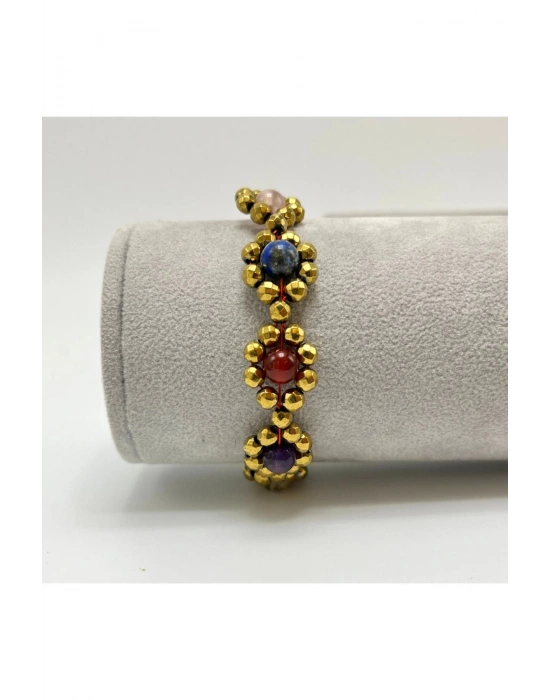 SERTİFİKALI Çakra 925 Ayar Gümüş Kapama Çiçek Model Doğal Taş Bileklik P.kuvars Lapis Akik Kaplan Gözü Aventurin