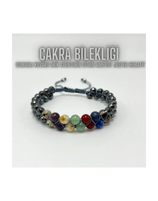SERTİFİKALI Çakra Doğal Taş Bileklik -Jasper-Dumanlı Kuvars-Akik-Aventurin-Sitrin-Ametist-Hematit