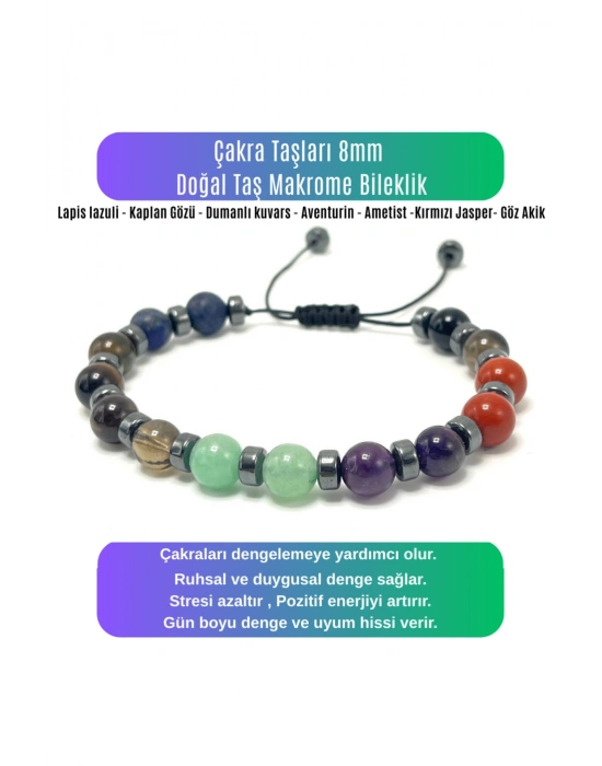 SERTİFİKALI Çakra Taşları 8mm Doğal Taş Makrome Bileklik