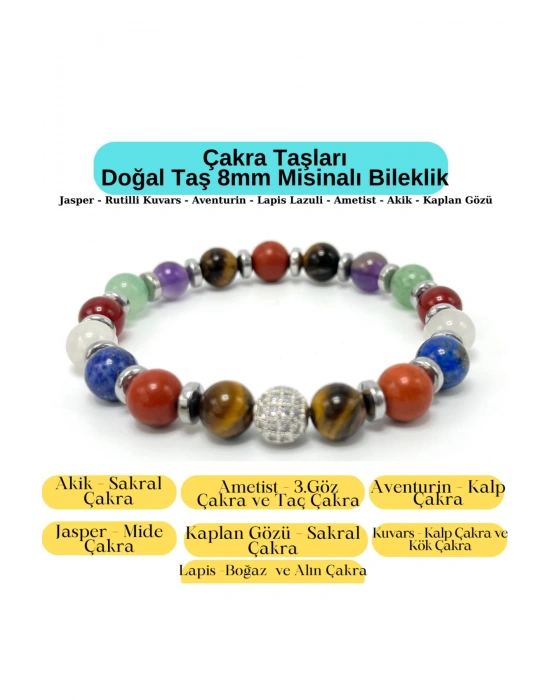 Sertifikalı Çakra Taşları Doğal Taş Misinalı Bileklik 8mm