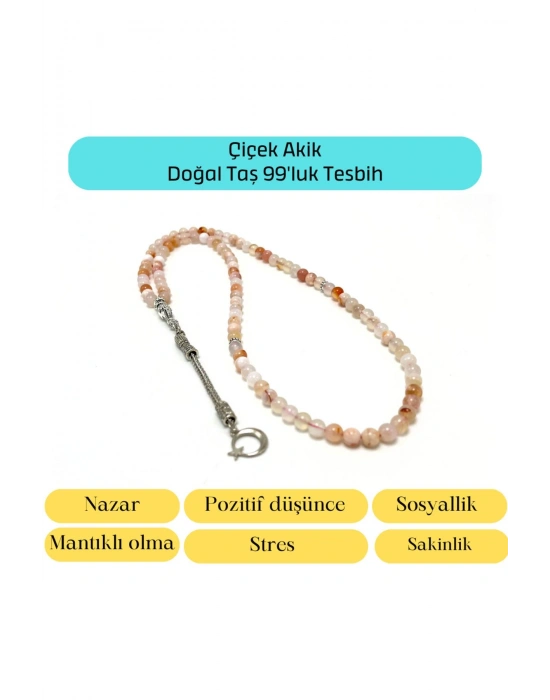 Sertifikalı Çiçek Akik 6mm 99luk Doğal Taş Tesbih