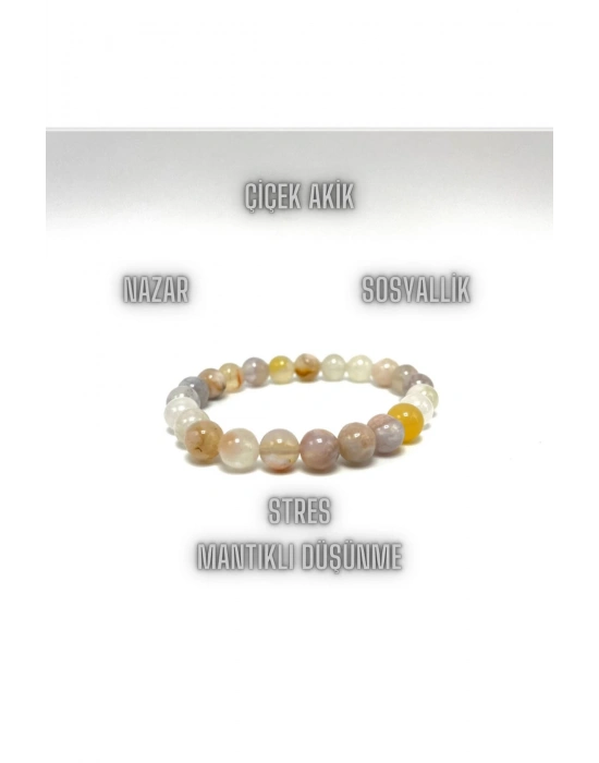 Sertifikalı Çiçek Akik 8mm Elastik Misinalı Doğal Taş Bileklik
