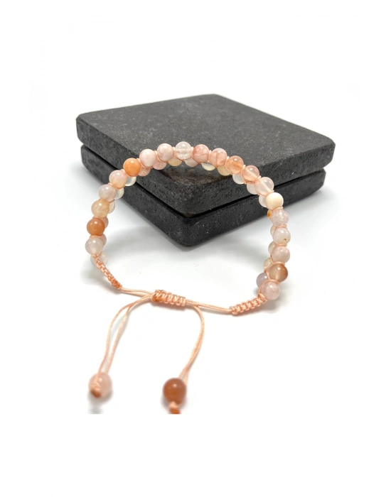 SERTİFİKALI Çiçek Akik Çift Sıra Doğal Taş Makrome Bileklik Ayarlanabilir Ölçü