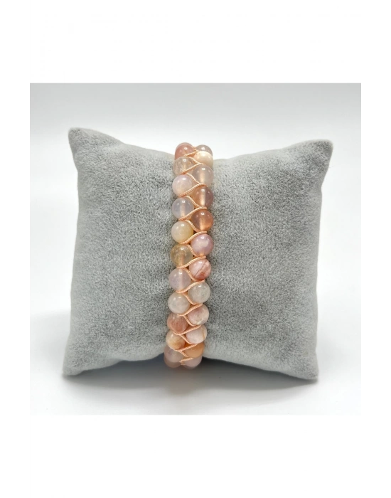 SERTİFİKALI Çiçek Akik Çift Sıra Doğal Taş Makrome Bileklik Ayarlanabilir Ölçü