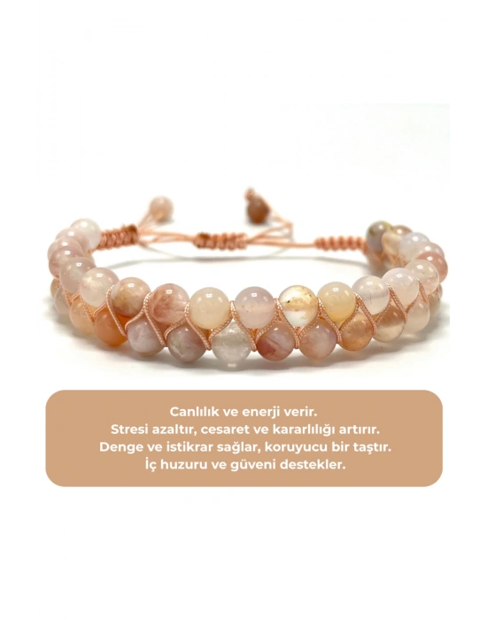 SERTİFİKALI Çiçek Akik Çift Sıra Doğal Taş Makrome Bileklik Ayarlanabilir Ölçü