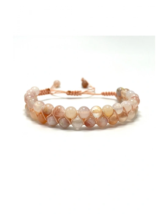 SERTİFİKALI Çiçek Akik Çift Sıra Doğal Taş Makrome Bileklik Ayarlanabilir Ölçü