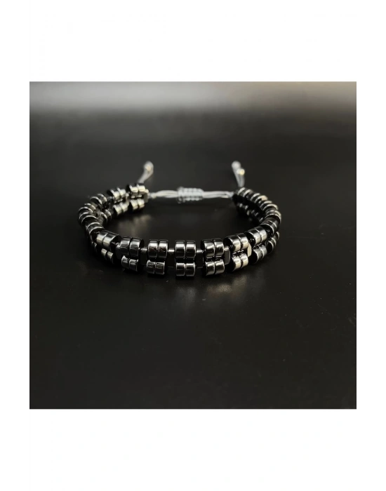 SERTİFİKALI Çift Sıra Hematit Ayarlanabilir Ölçü Unisex Siyah Doğal Taş Bileklik